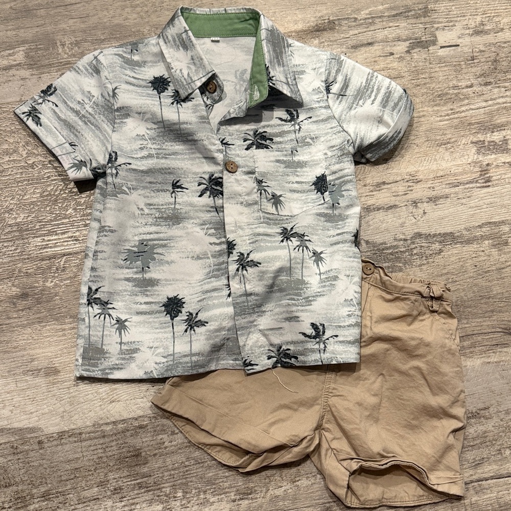 **4 for $15** Palm Tree Print Shirt and Tan Shorts Set